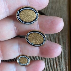 Vintage oval gold/silver tone & black etched design cuff link & tie tack set